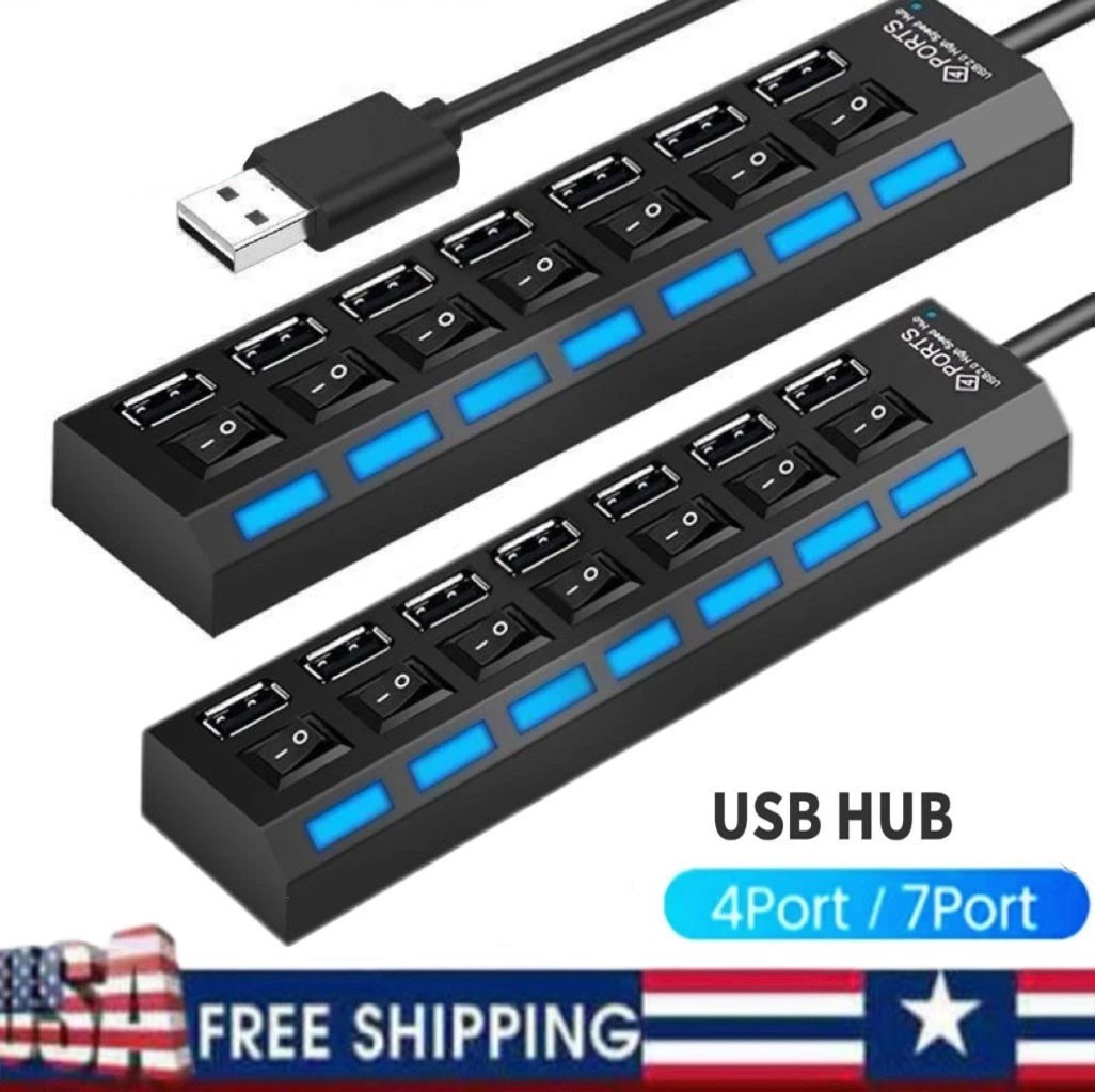 USB Hub 7 Port On/Off Switch High Speed Splitter AC Adapter Cable PC Laptop Lot