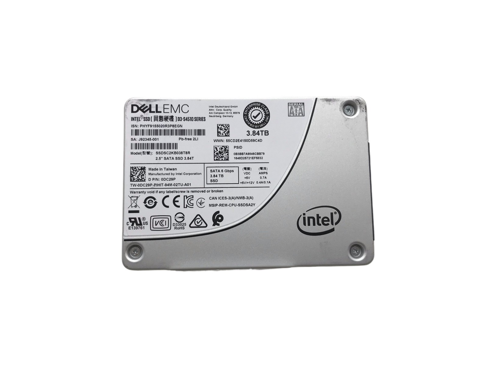INTEL SSD D3-S4510 SERIES 3.84TB SATA (SSDSC2KB038T8R) *TESTED AND WORKING*