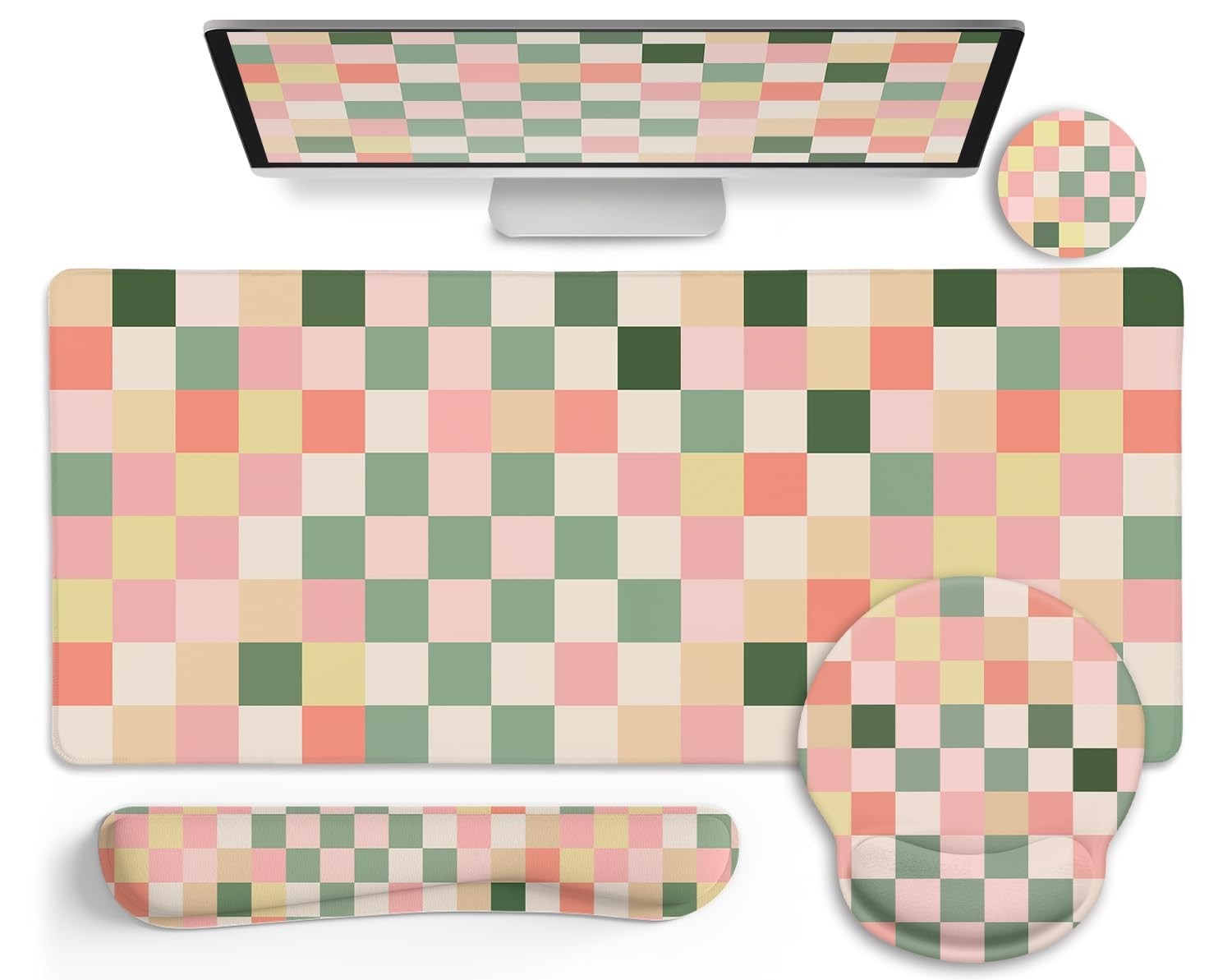 Pastel Checkered Desk Mat 4-Piece Set 35.4x15.7 Keyboard Mouse Pad Wrist Support