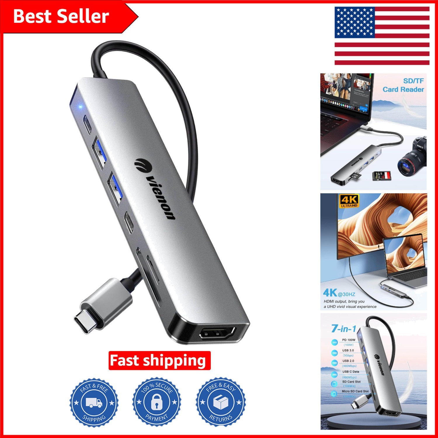 Ultimate 7-in-1 USB C Docking Station for Seamless 4K Displays & Fast Charging