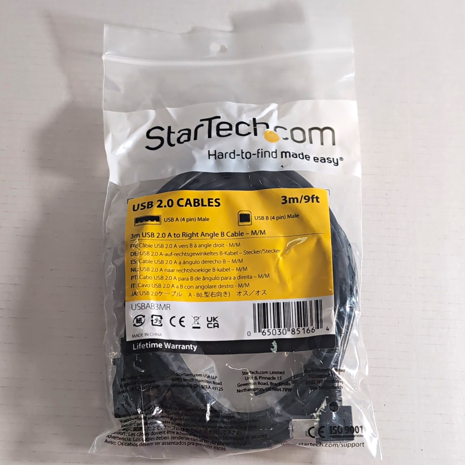 StarTech.com USB 2.0 A to Right Angle B Cable, 3m/9ft Black (USBAB3MR)
