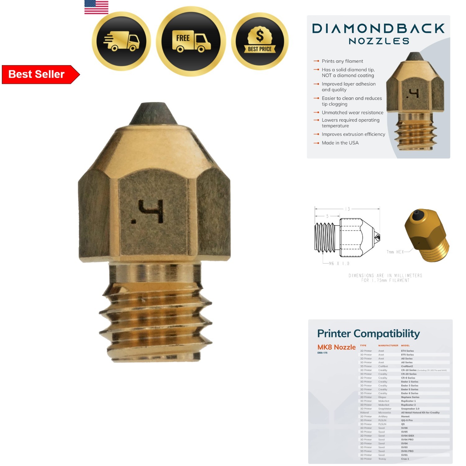 3D Printer Nozzle Polycrystalline Diamond Tip Compatible MK8 0.4mm Long Life