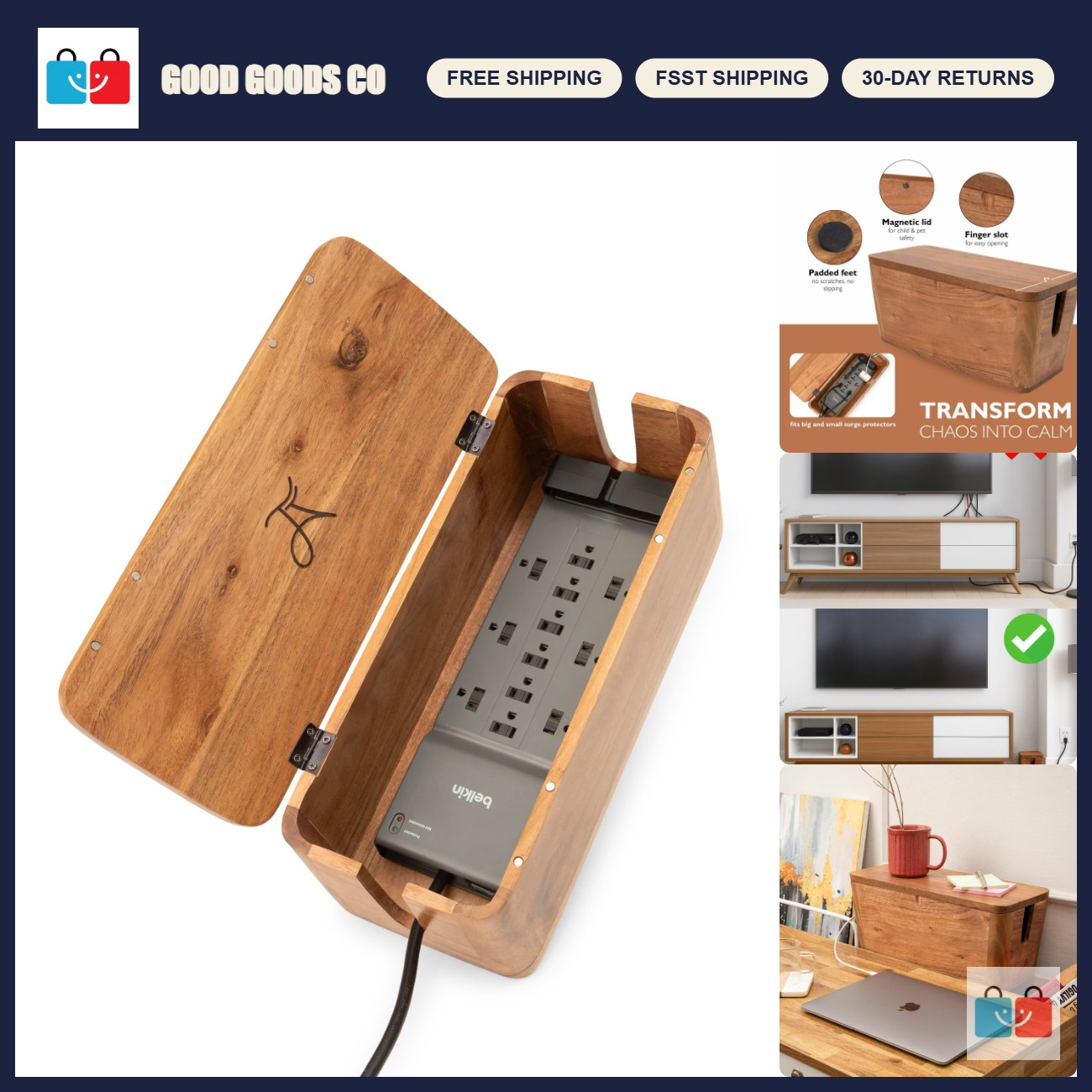 Extra Large Cable Management Box & Power Strip Organizer, Cord Hider for Desk