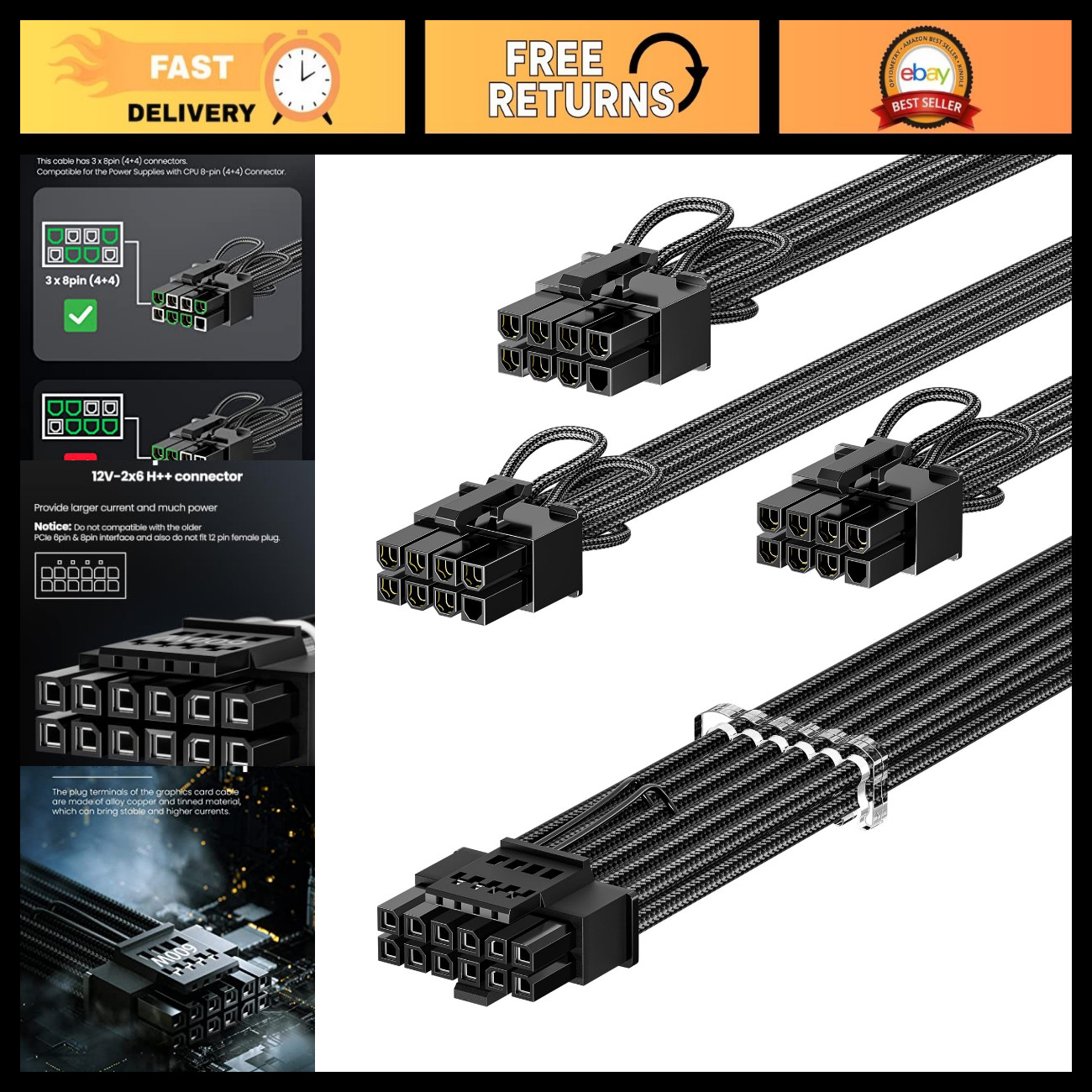 12V HPWR 600W PCIe 5.1 16pin (12+4) GPU Power Cable for High-Performance Graphic