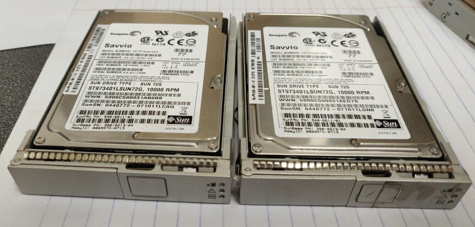 2x SUN 540-6611-01 ST973401LSUN72G 72GB 10K RPM 2.5" SAS Hard Disk Drives w/Tray