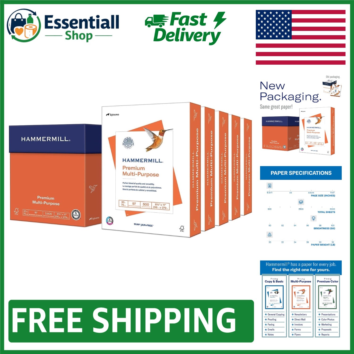 High-Quality 20 lb Copy Paper, 8.5 x 11 - 2500 Sheets - Jam-Free & Bright Finish