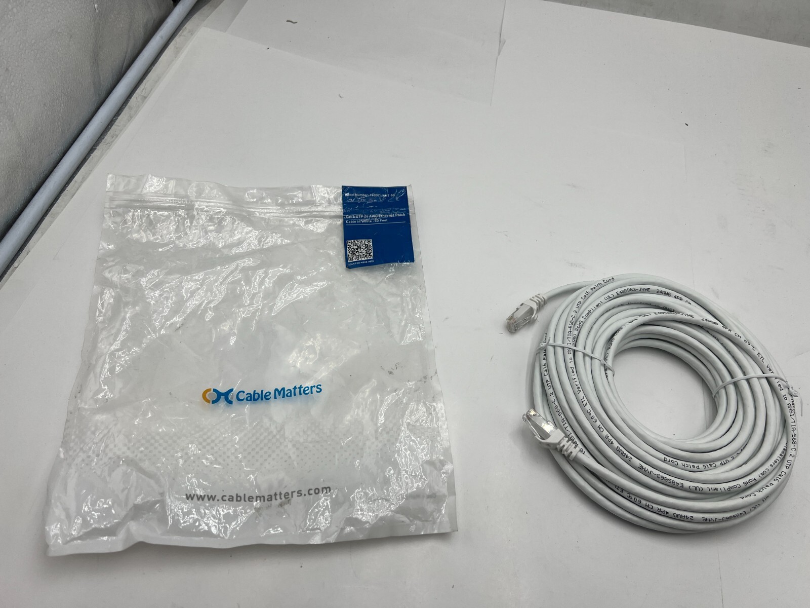 Cable Matters 160001-WHT-50 Cat 6 UTP 24 AWG Ethernet Patch Cable in White 50ft