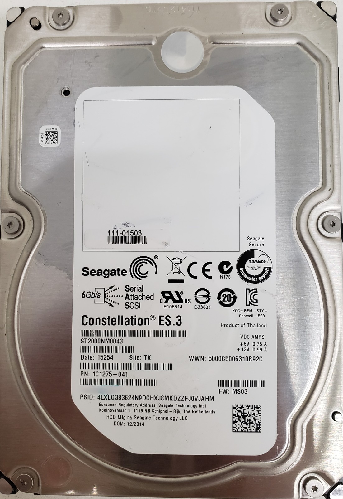 Seagate ST2000NM0043 2TB 3.5" SAS 6Gb/s 128MB cache P/N: 1C1275-041 HDD.