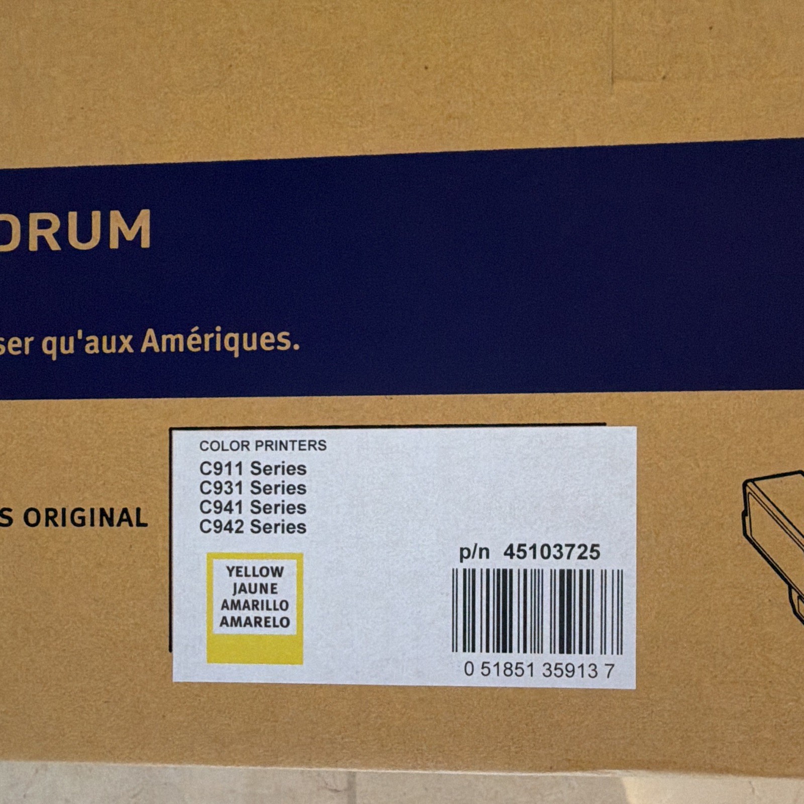 New Sealed OKI Genuine Laser Drum Yellow for C911 C931 C941 C942 45103725