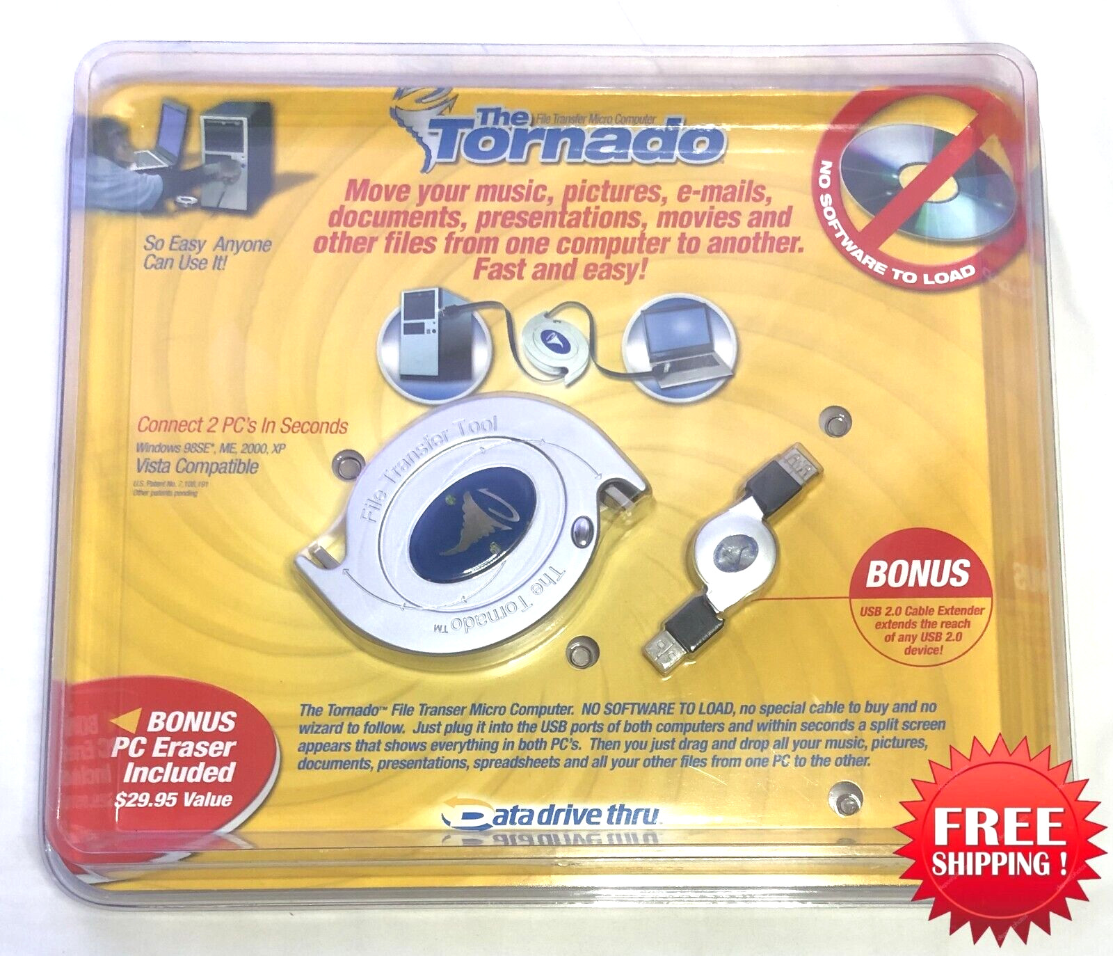 Data Drive Thru Tornado PC-to-PC data transfer tool + Cable Extender & PC Eraser