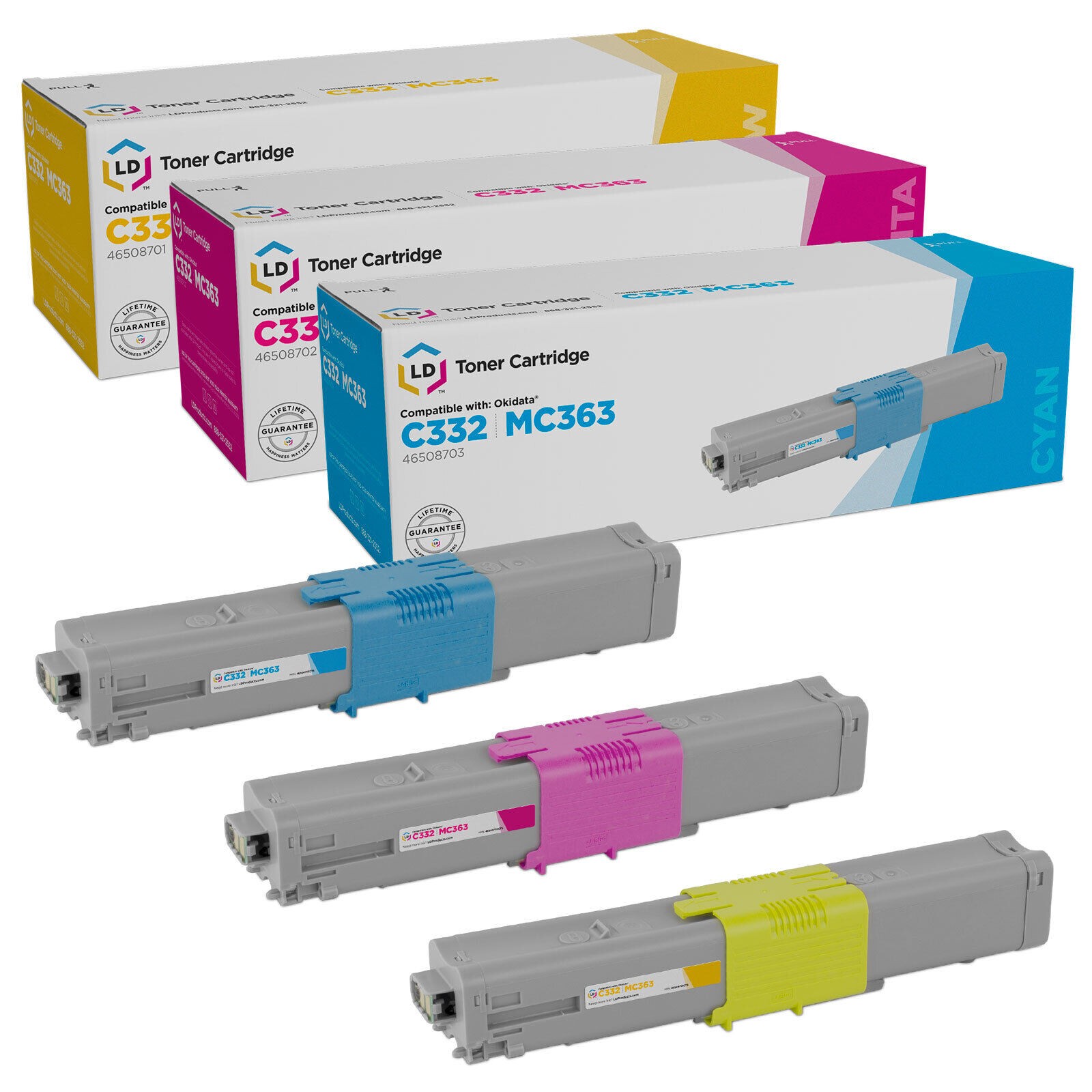 LD Compatible Okidata C332dn & MC363dn Toners: Cyan, Magenta, Yellow 3-Pack