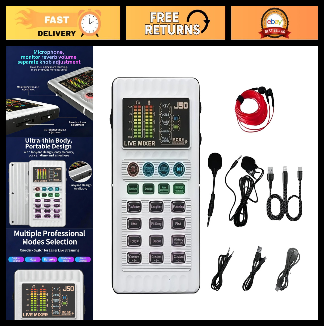 Portable Live Sound Card with Noise Reduction, 5 Voice Changers & 12 Effects - P