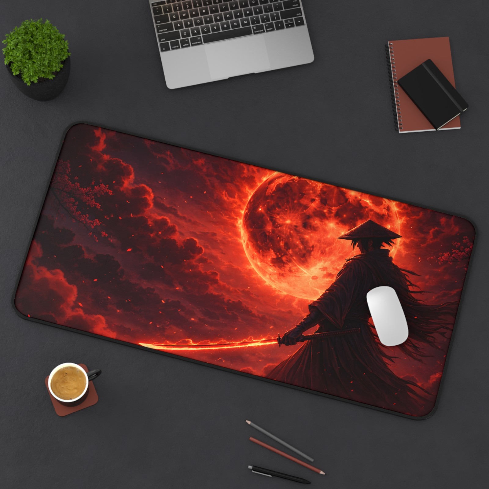 Samurai Red Moon XL Gaming Desk Mat 16x32" Non-Slip Stitched Edge Made to Order