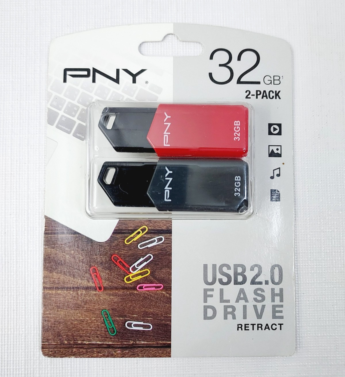 PNY 32GB USB 2.0 Flash Drive Retract 2-Pack Red & Black New Sealed
