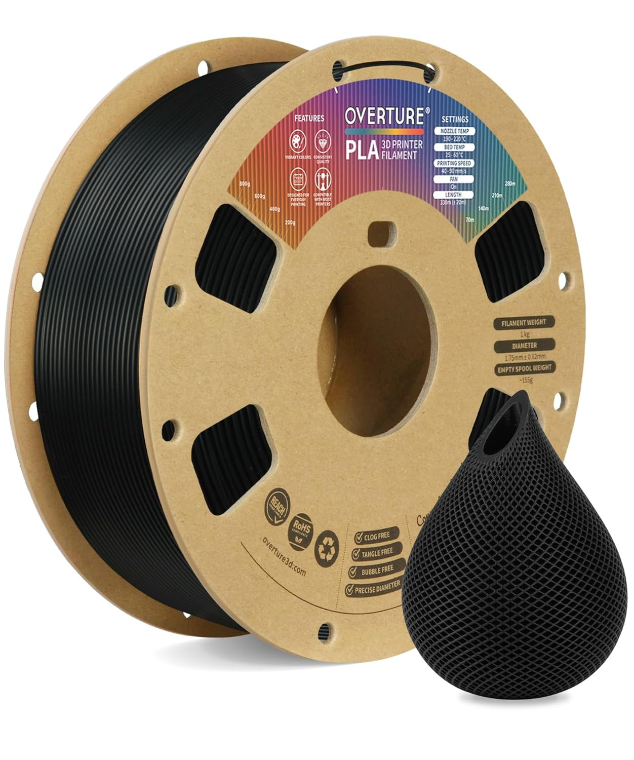 OVERTURE PLA Filament 1.75mm, Neatly Wound 3D Printer 1KG, 1kg Black