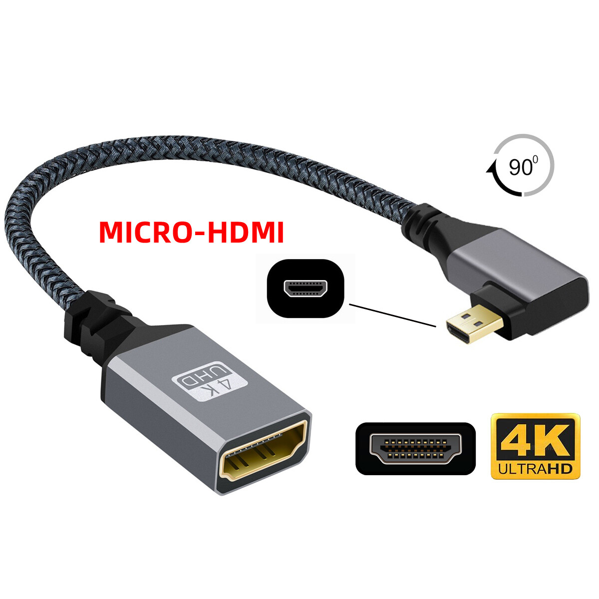 CABLECY 4K Type-D Micro HDMI 1.4 Male 90 Degree Right Angled to HDMI Female