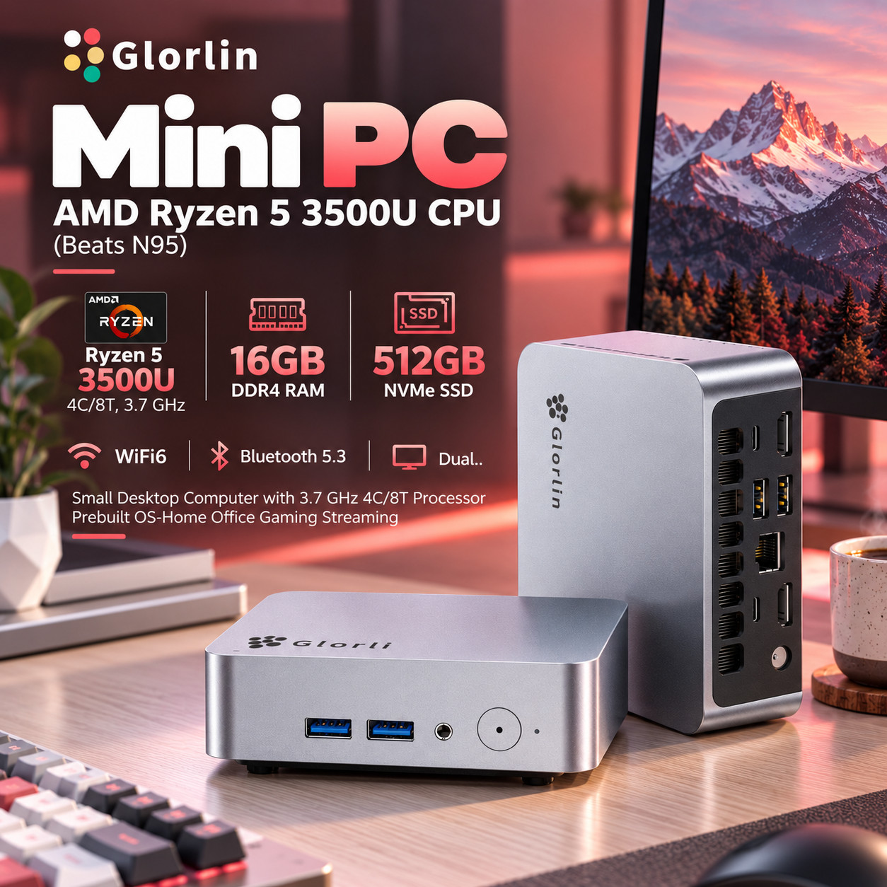 Glorlin GT101 Mini PC AMD Ryzen 5 3500U 16GB DDR4 512GB NVMe SSD WiFi 6 BT5.3 4K