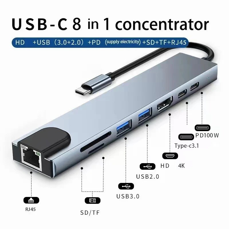 USB C Hub 8 in 1 Type C HDMI 4K RJ45 PD87W SD TF USB 3.0 Adapter Laptop Mac Dock