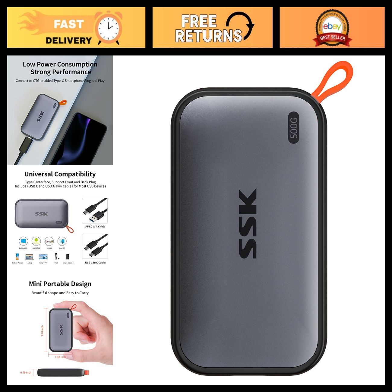 500GB Portable SSD External Hard Drive USB-C, Fast 1050MB/s Read Speed, Compact