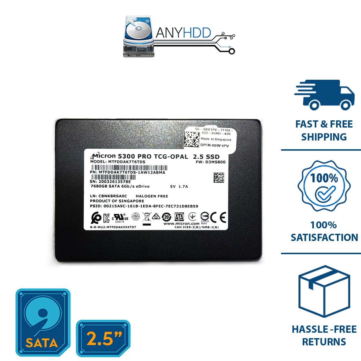 Micron 7.68TB SATA SSD - MTFDDAK7T6TDS-1AW12ABM - PN 08W1PV - 100% Health