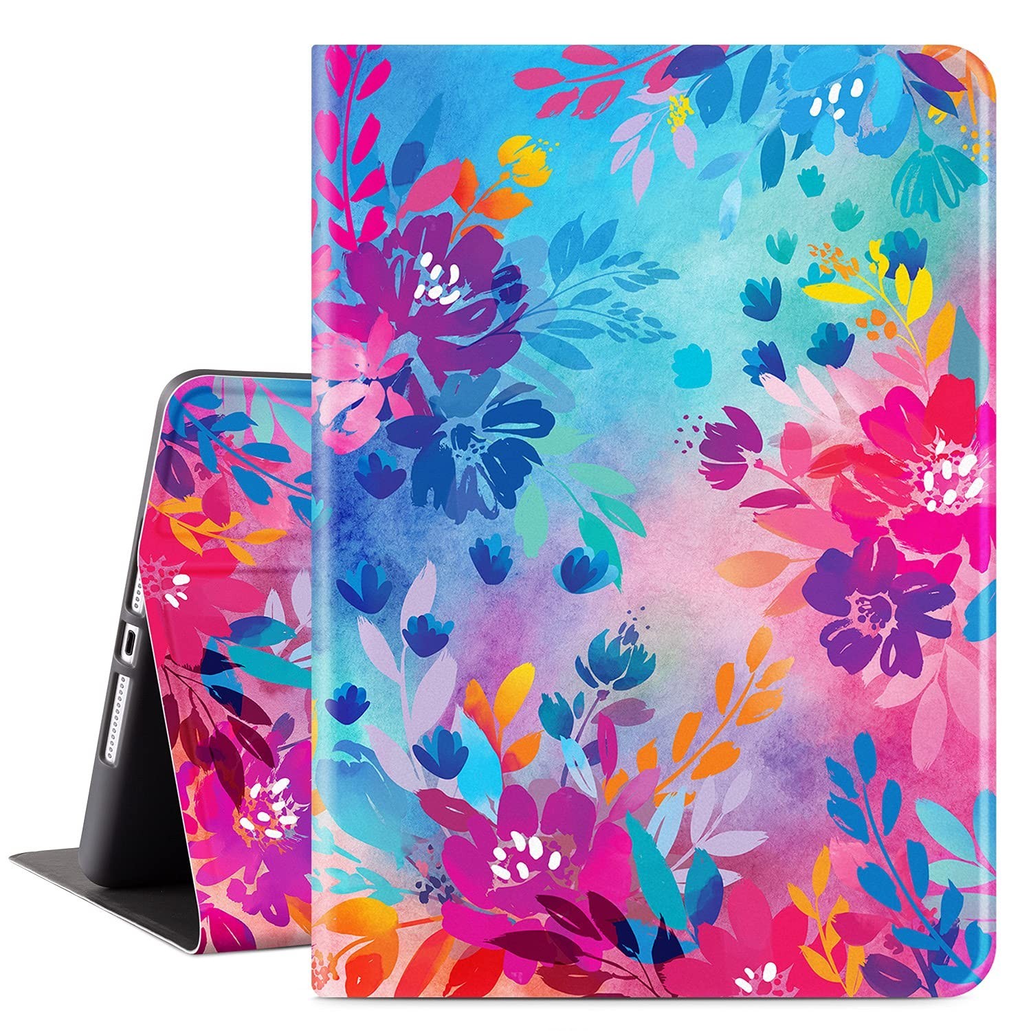 For iPad 10.2" 9th 8th 7th Gen Smart Cover Rubber Back Stand Purple Flowers
