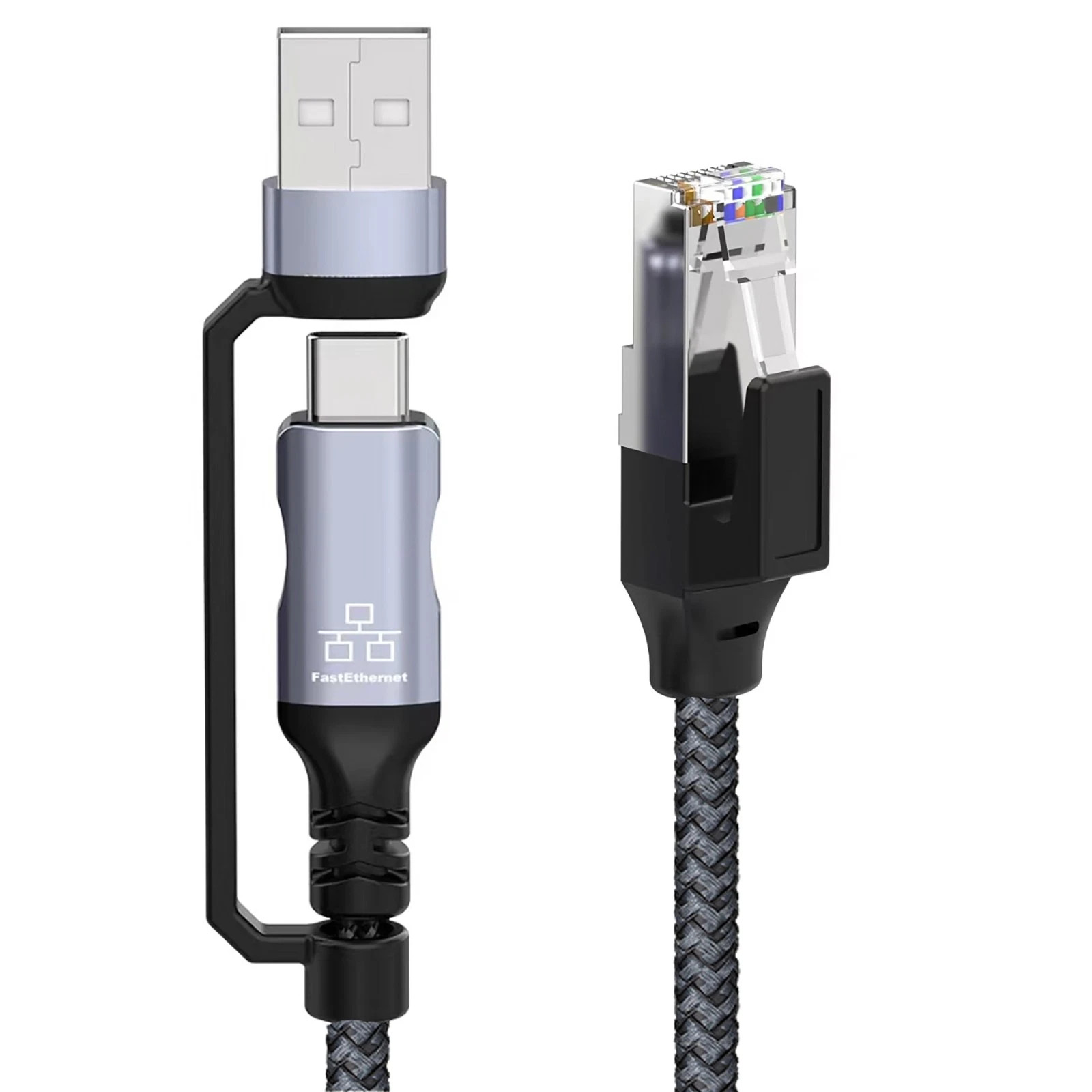 1.8m USB-A & USB-C to RJ45 Ethernet Cable 100Mbps for Laptops Phones Tablets
