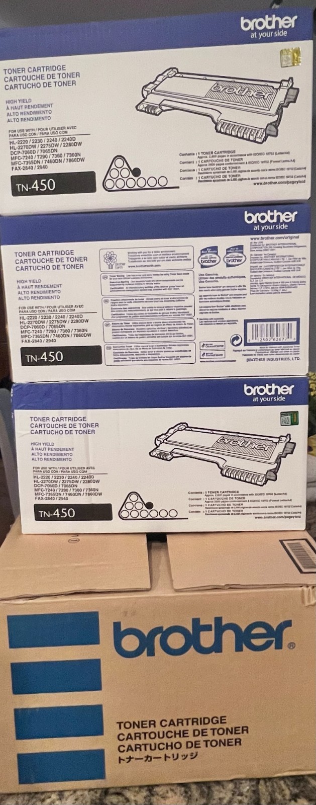 NEW Genuine Brother TN-450 High Yield Toner Ink Cartridge Black Package of (3)
