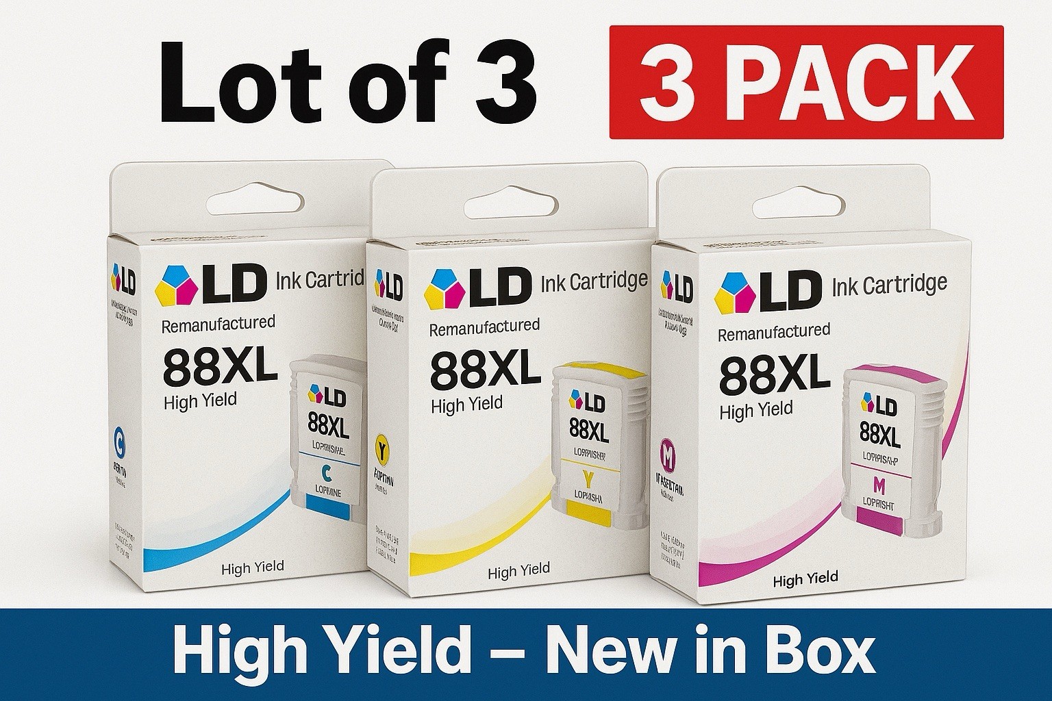 LD HP 88XL Ink Cartridge Lot – Cyan Yellow Magenta – High Yield – New Boxes