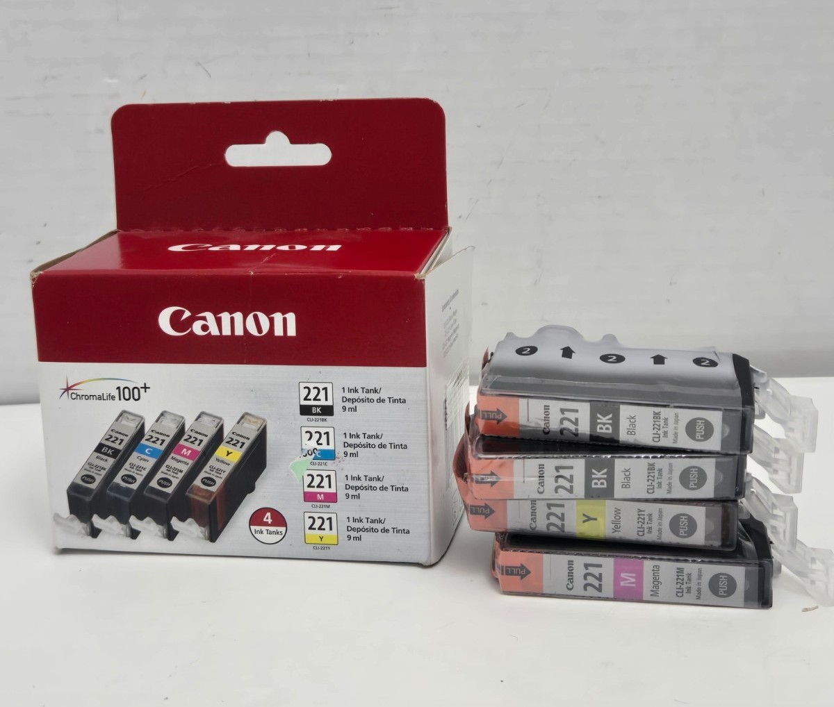 Genuine Canon 221 Black Cyan Magenta Yellow 4-Pk Ink Cartridges