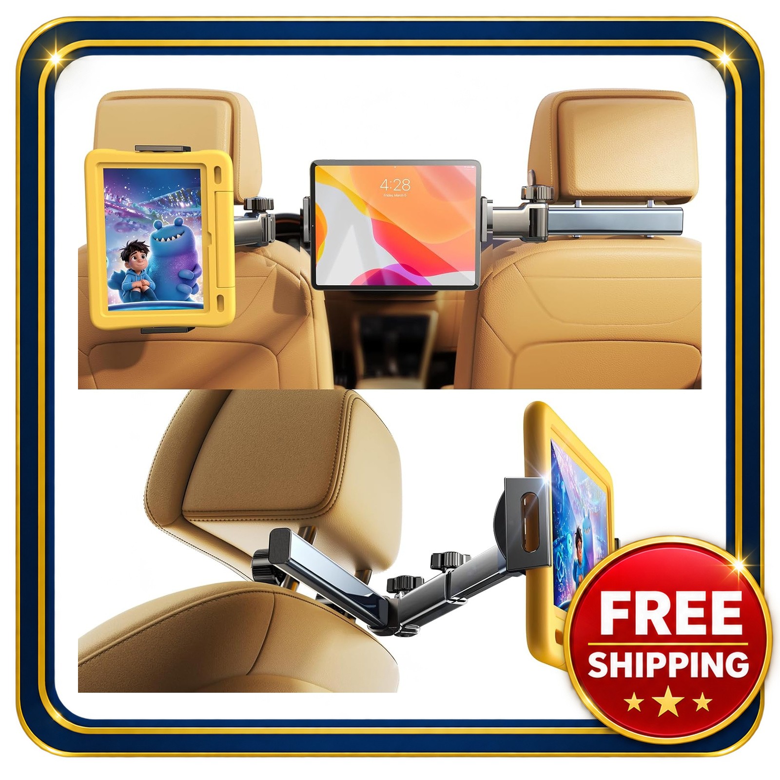 Car Tablet Mount for Removable Headrests 4-in-1 Adjustable Arm