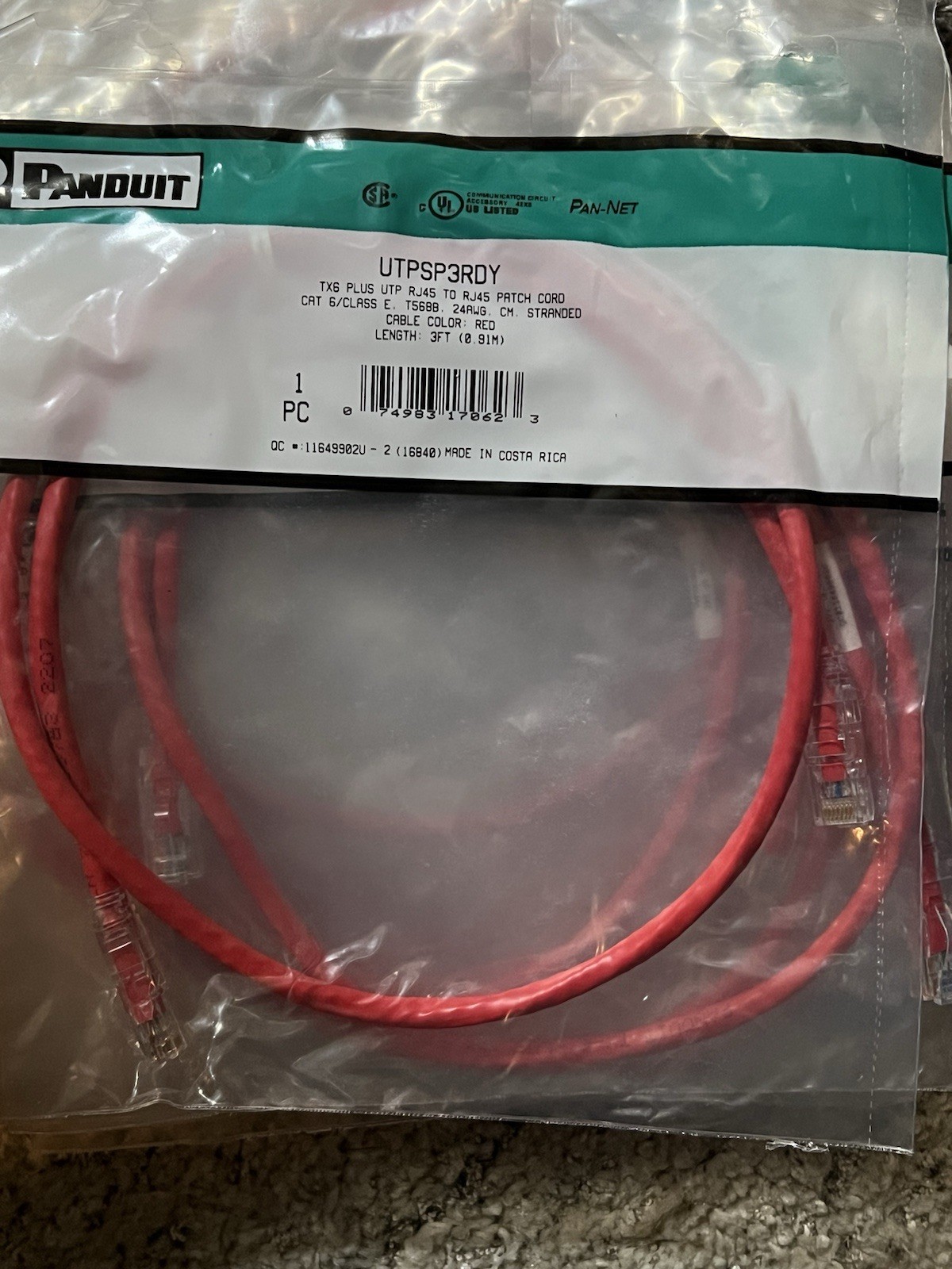 PANDUIT UTPCH3RDY Cat 5e 24 AWG UTP Copper Patch Cord, 3 ft, Red (11 in a pack)