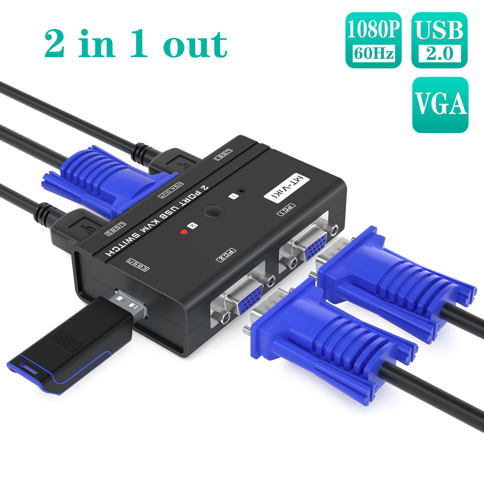 MT-VIKI 2 Port VGA KVM Switch Box USB2.0 Monitors Switcher For Mouse Monitor PC