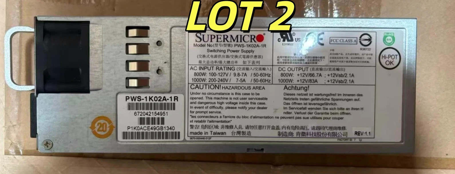 LOT 2 Supermicro 800W/1000W  PSU PWS-1K02A-1R SuperServer CSE-819U 829