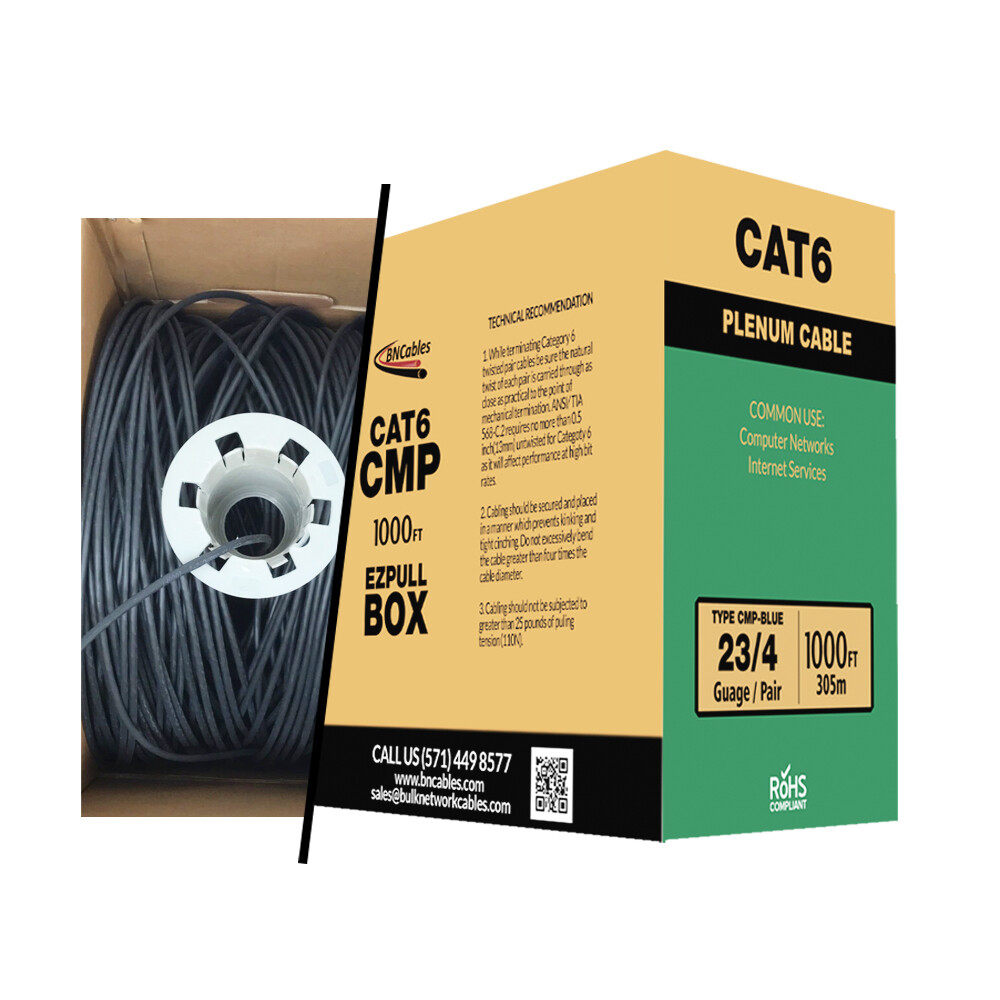 BNCables Cat6 Plenum 550 Mhz 23 AWG Solid 1000ft 10Gigabit UTP Cable in 9 Colors