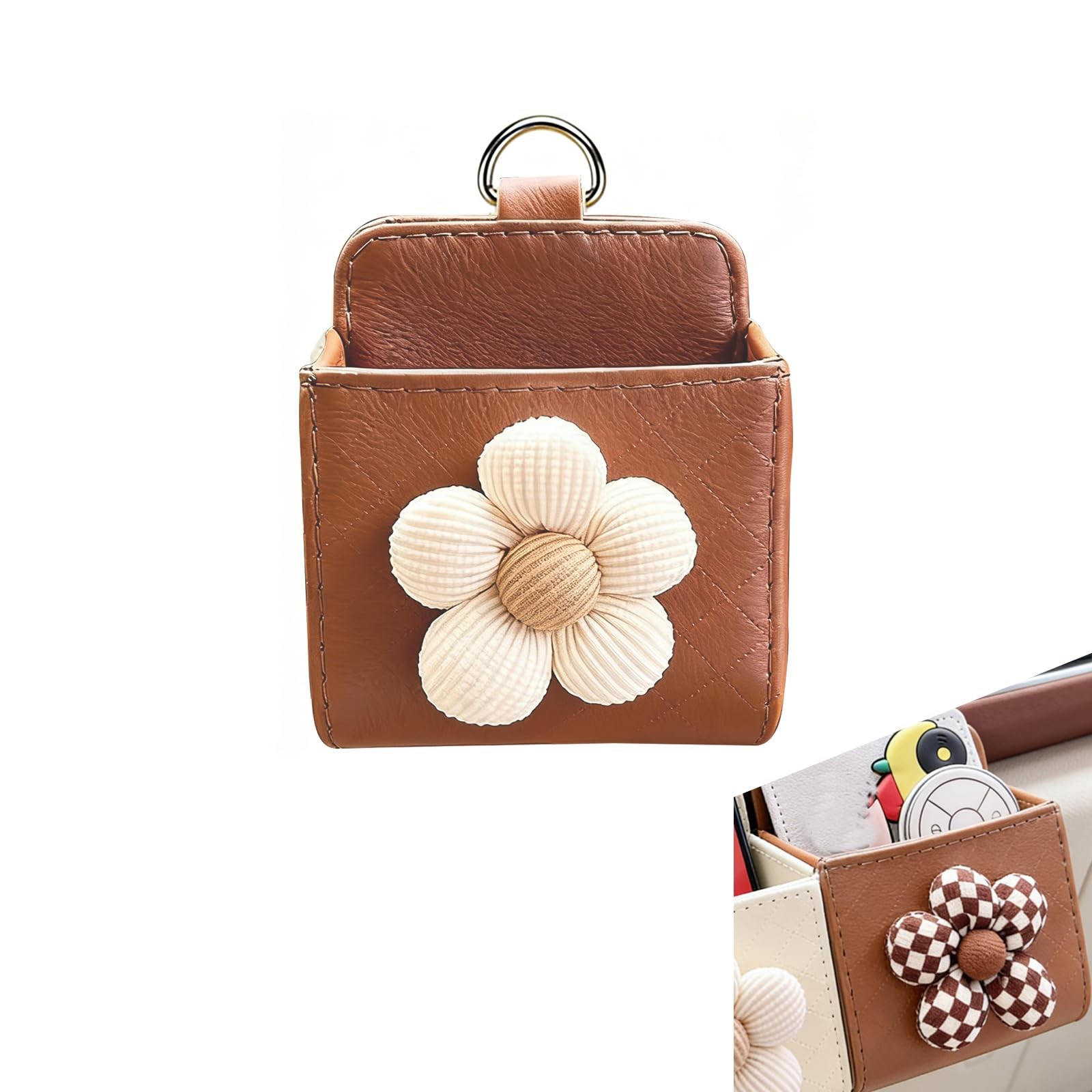 Car Vent Flower Design Storage Organizer, Leather Vent Hanging Pouch, Stylish...