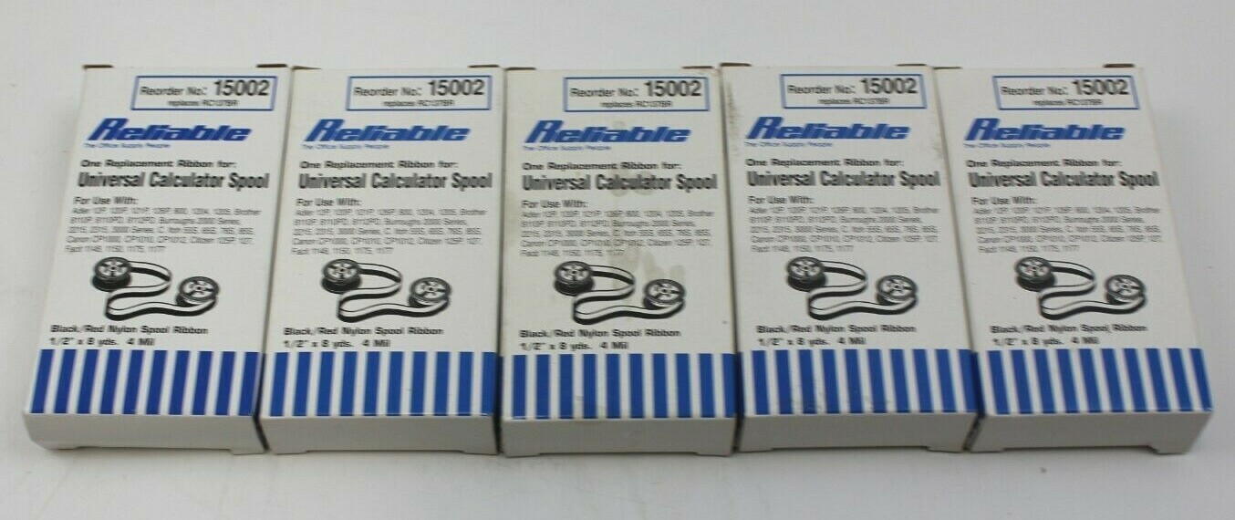 (5) Reliable Replacement Ribbon for Universal Calculator Spool Black/Red 15002