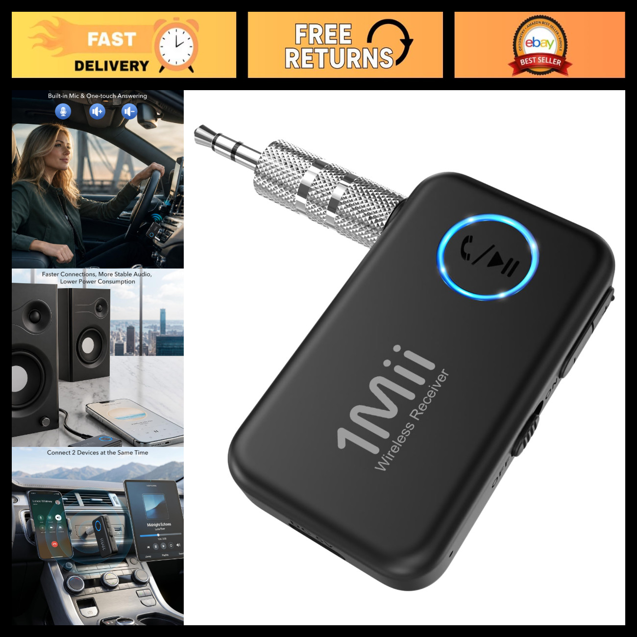 Bluetooth 6.0 Car Receiver Adapter, AUX Wireless Music Streaming for Vehicles