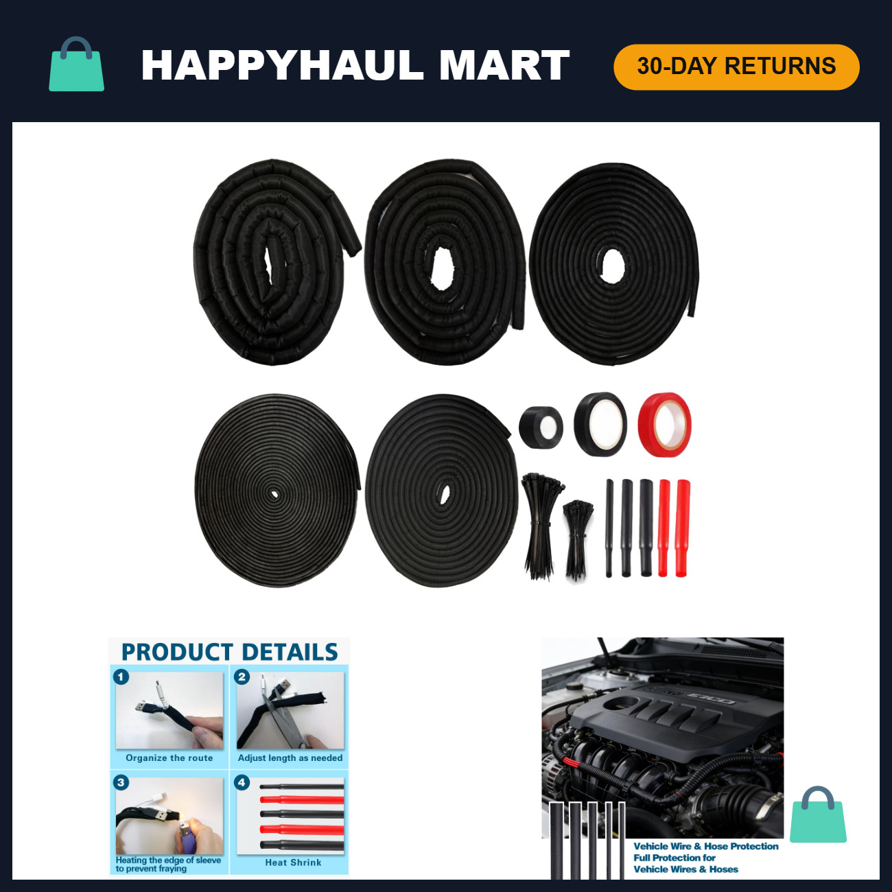 High Temp Split Wire Loom Kit - Cable Management Tubing, Pet & Rodent Proof, Inc