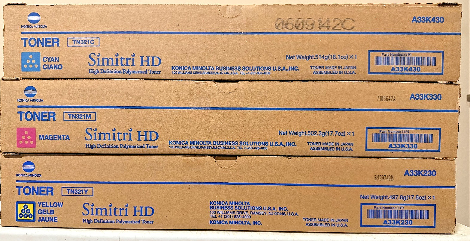 Genuine Set of 3 Konica Minolta TN321 C/M/Y A33K430/330/230 Toners NEW