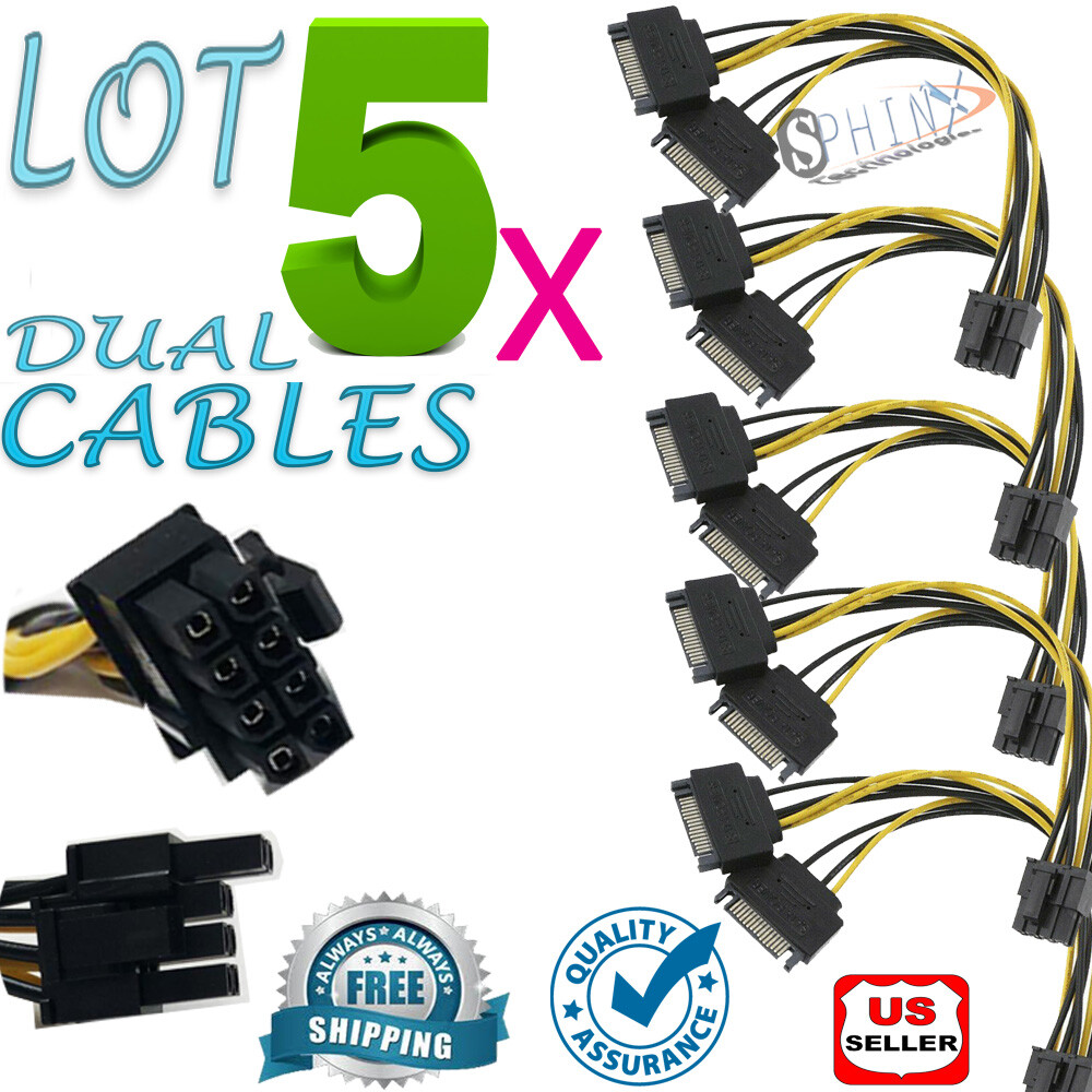 5 PCS Dual SATA to PCI-E Power Cable 15Pin SATA to 8 pin  Video Card Power Wire