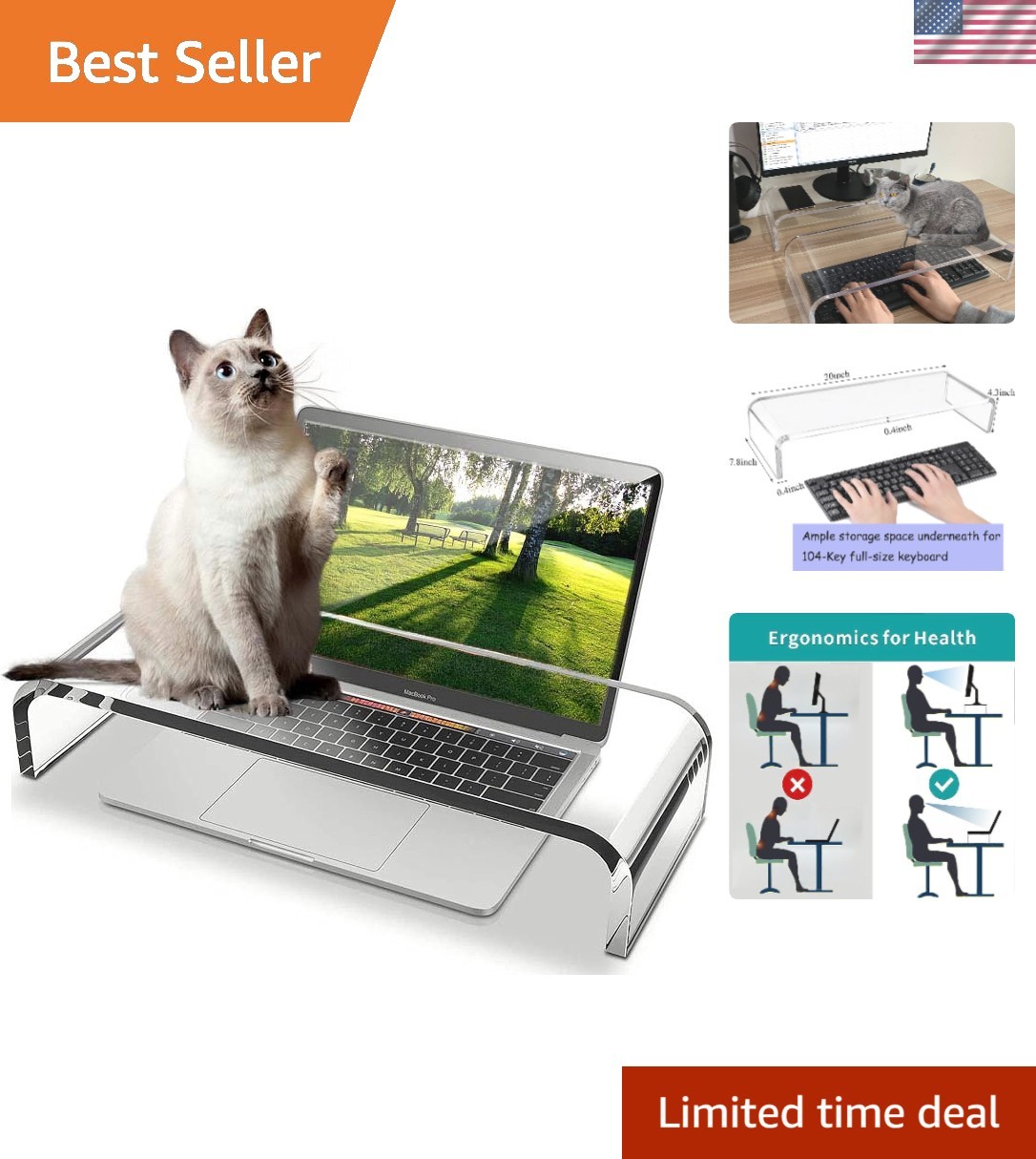 Clear Acrylic Monitor Stand with Cat-Resistant Keyboard Cover - Ergonomic Design
