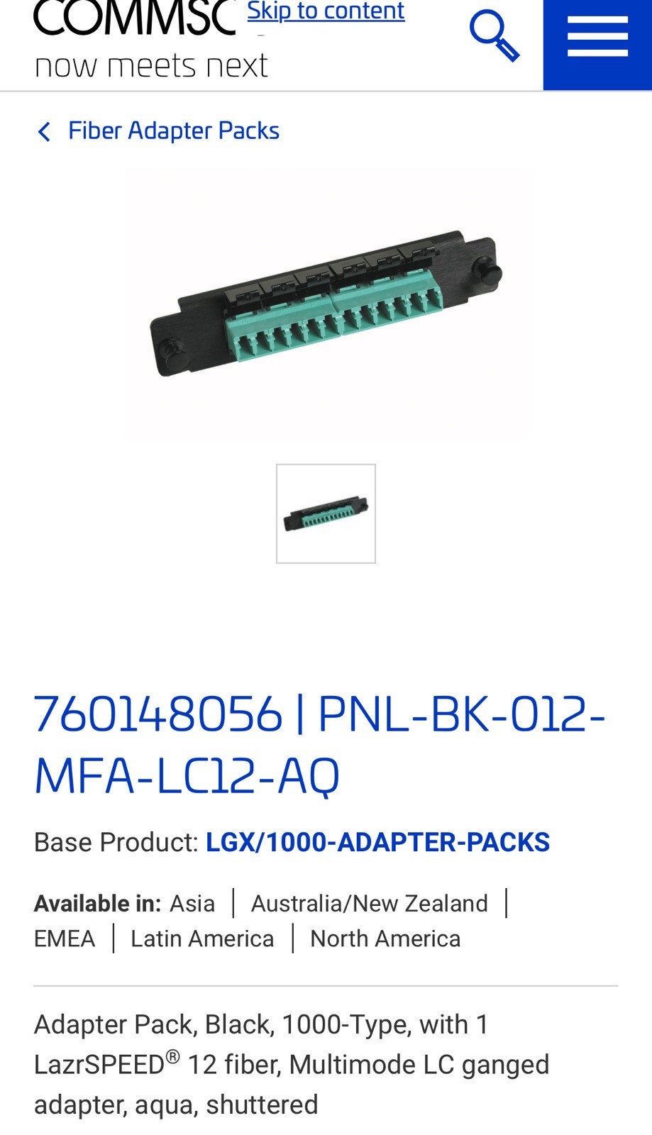 COMMSCOPE Bulkhead 760148056 Ganged Adapter Panel PNL-BK-012-MFA-LC12-AQ