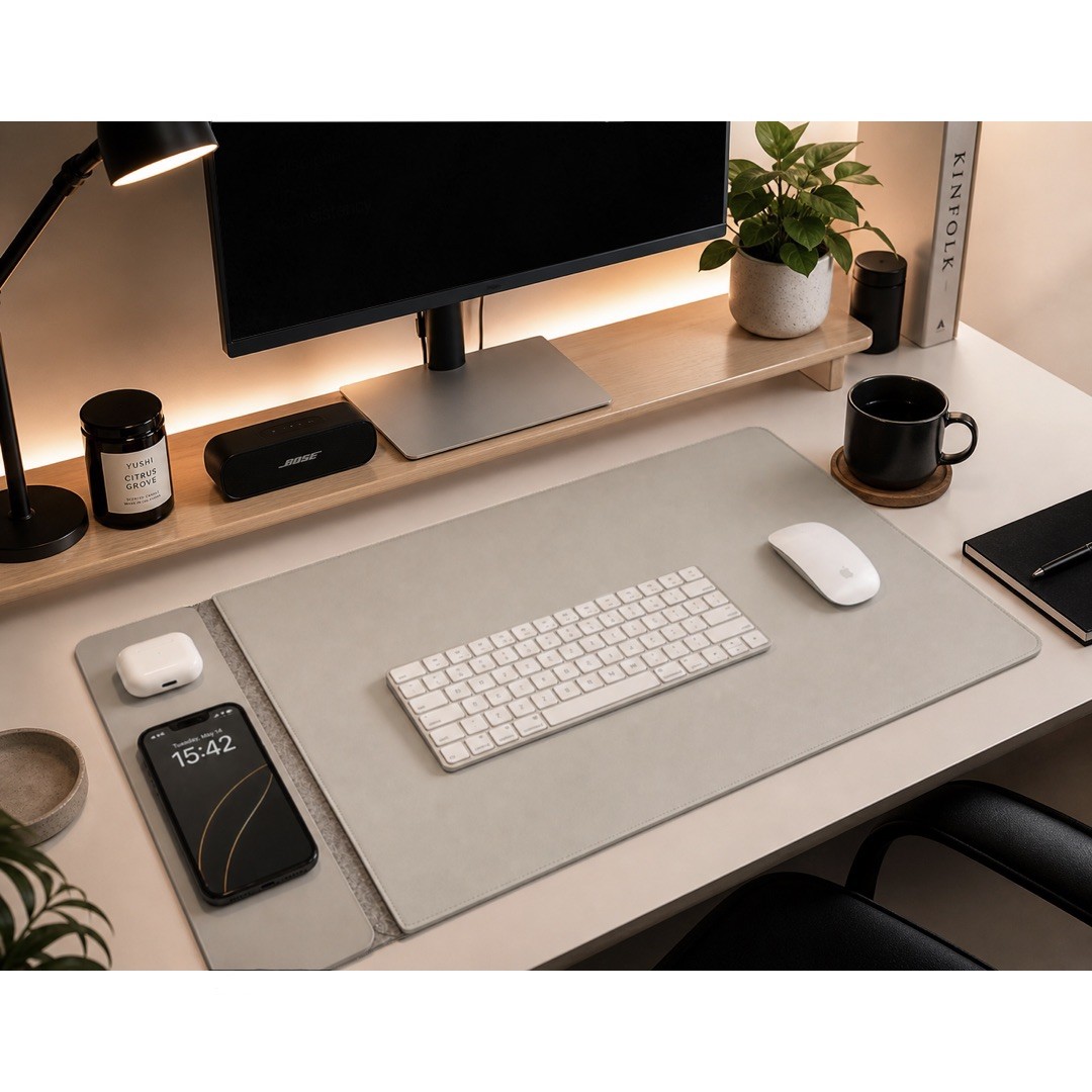 Wireless Charging Desk Mat Gray | 15W Fast Charger | Dual-Sided Design