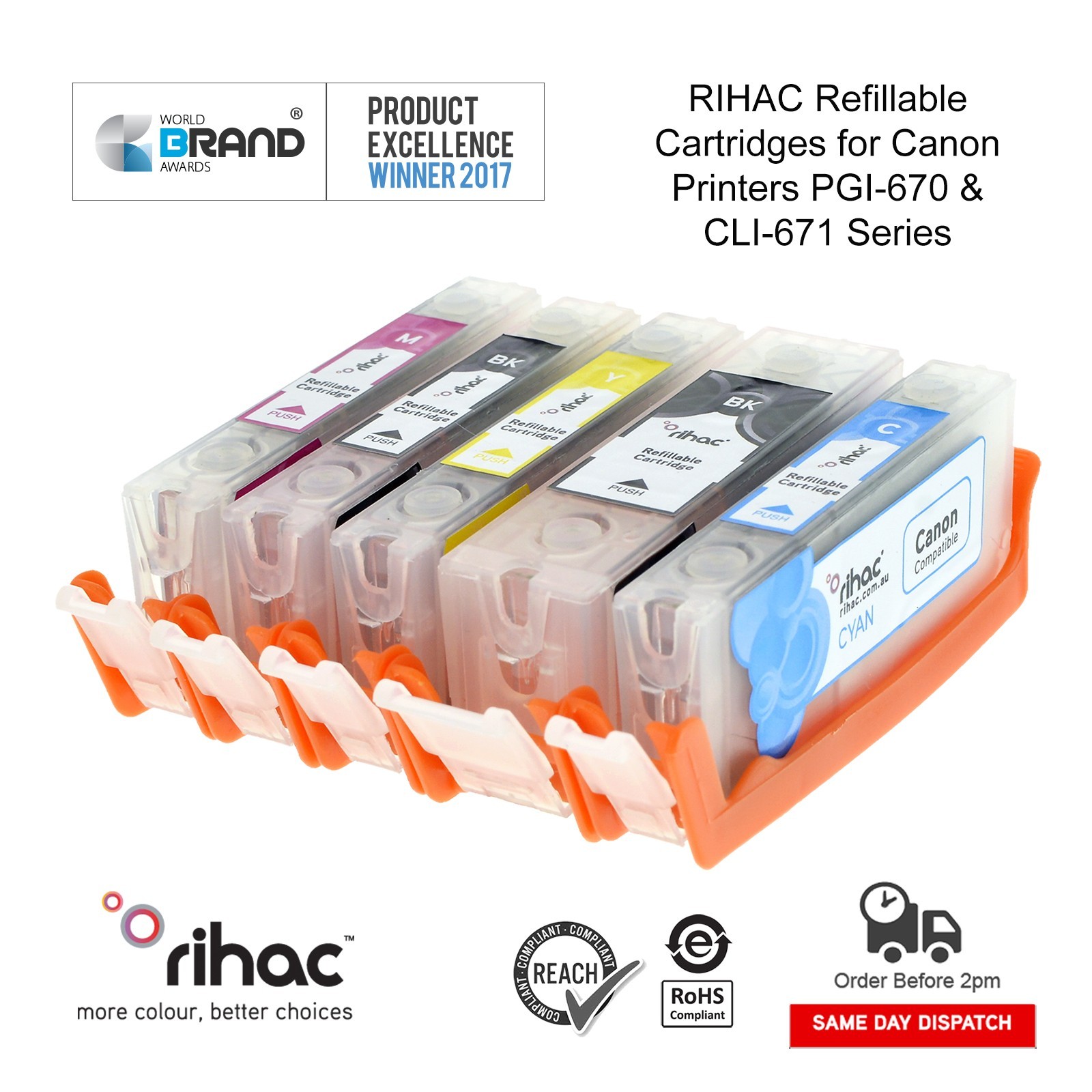 RIHAC Refillable Ink Cartridges for Canon PG-670 CLI-671 Set of 5 C Y M PK PGBK