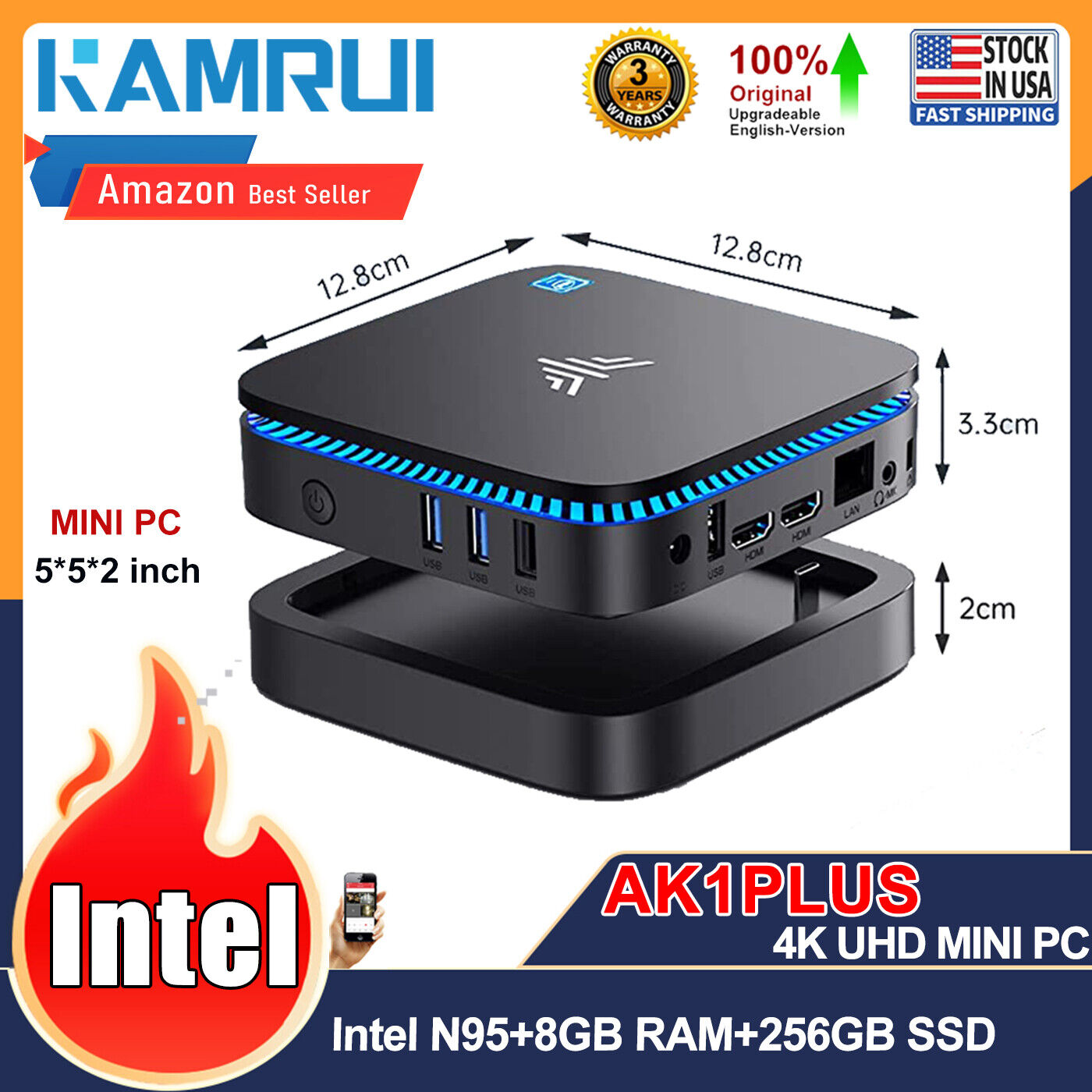 KAMRUI 4K UHD Mini PC INTEL N-95 Windows 11 8GB 256GB 5G/2.4G WiFi  Bluetooth