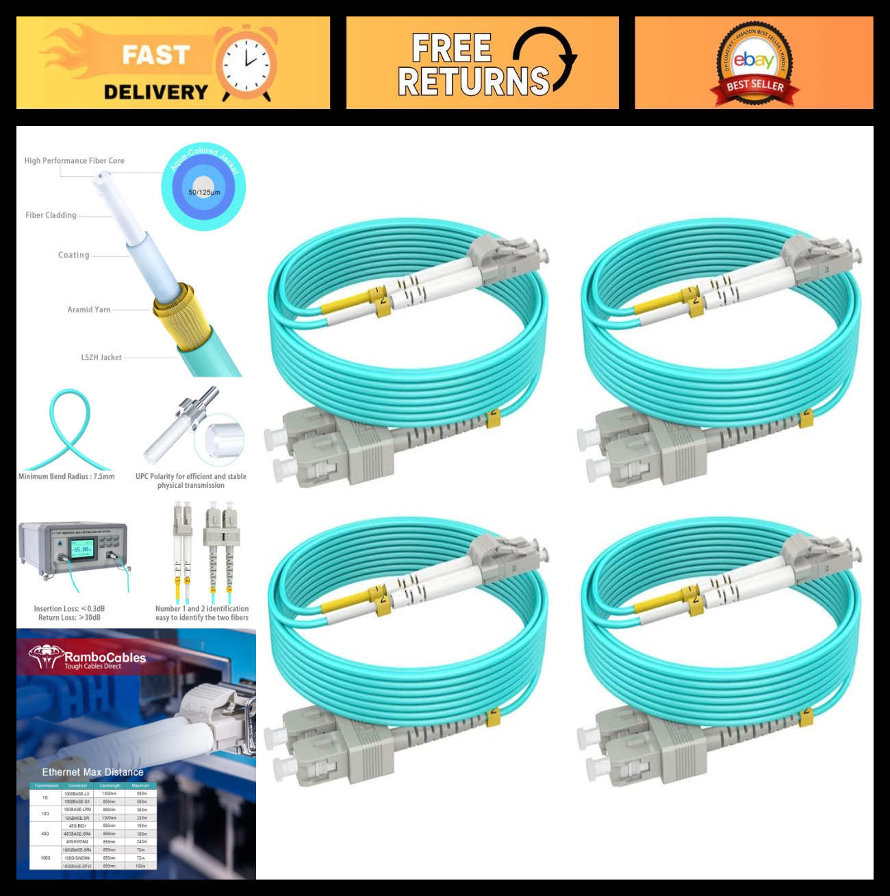6ft Multimode Fiber Patch Cables SC LC, 4-Pack, High-Speed MMF Network Cables