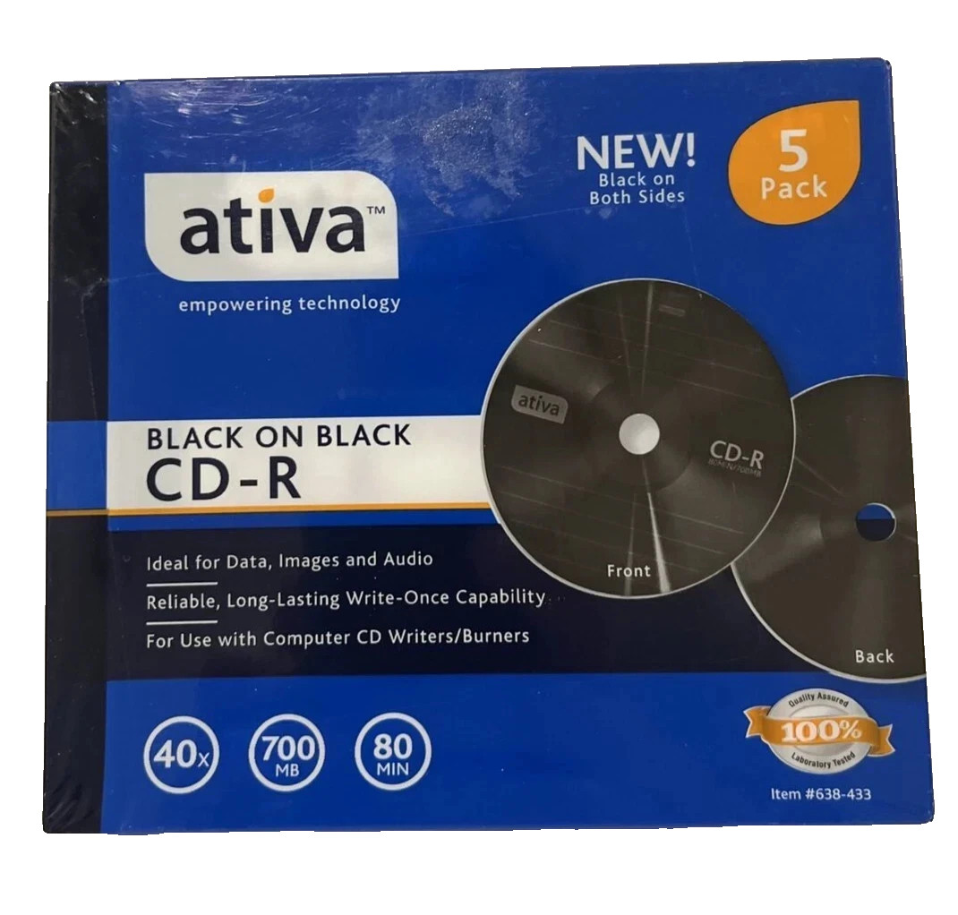 ATIVA BLACK ON BLACK CD-R DISCS 5 PACK RECORDABLE CD  700 MB Sealed New