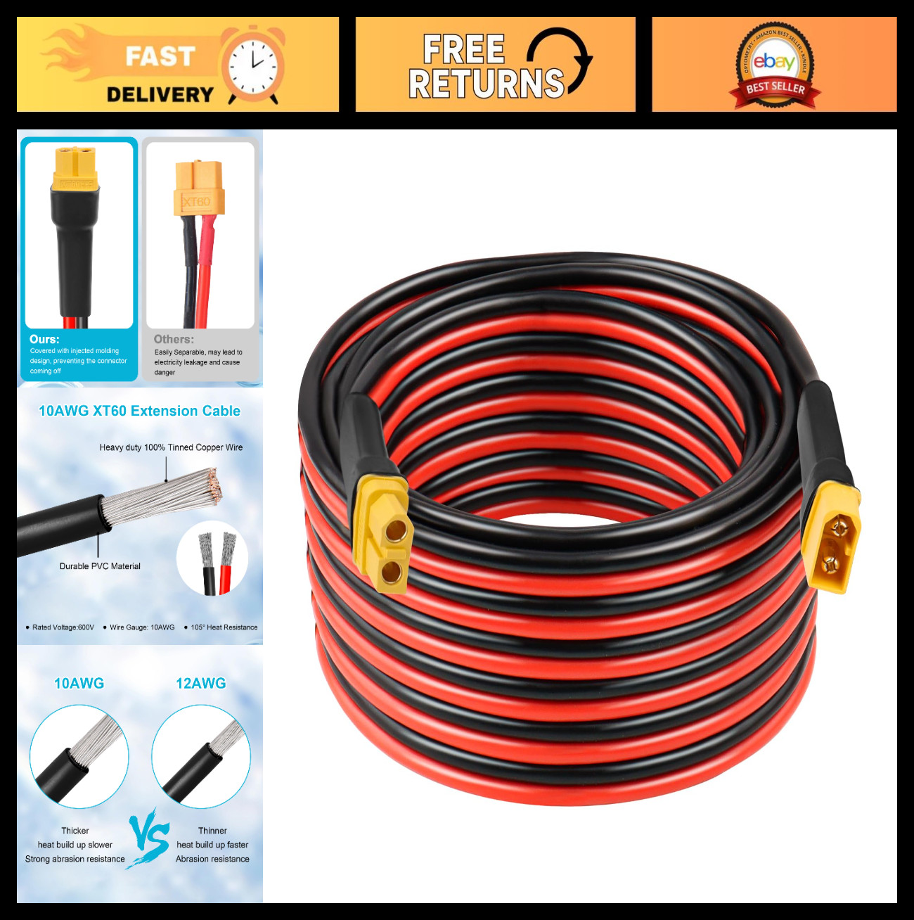 30FT XT60 Extension Cable 10AWG - Female to Male Connector for Solar, RC, Power