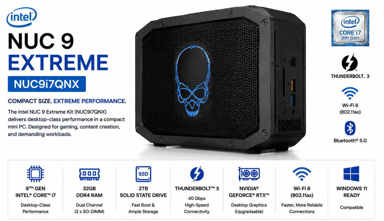 NEW Intel NUC 9 Extreme NUC9i7QNX Core i7 32GB RAM 2TB SSD W11Pro Mini Gaming PC