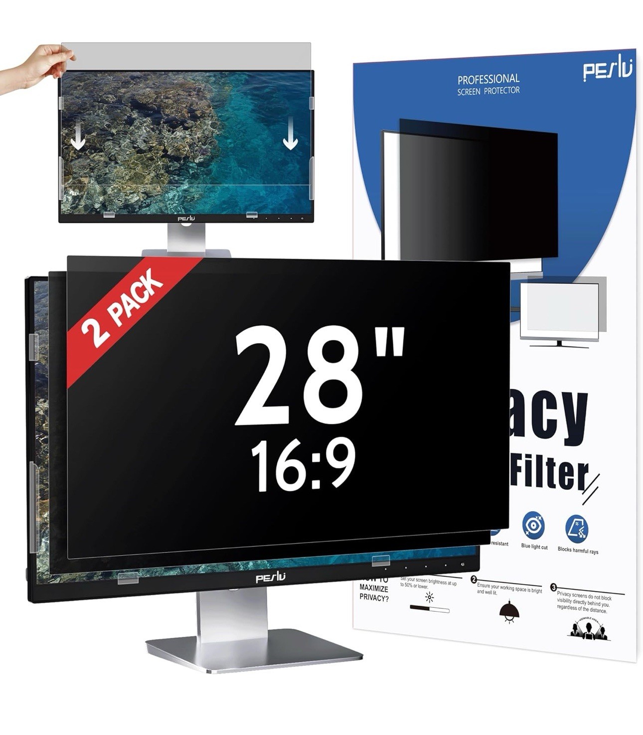2-PACK 28 Inch 16:9 Computer Privacy Screen Widescreen Monitor,  28" Removable
